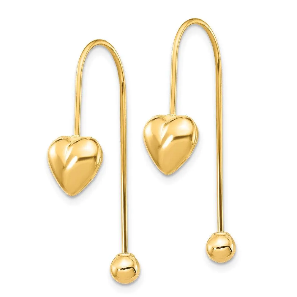 14K Puffed Heart w/Screw End Threader Earrings