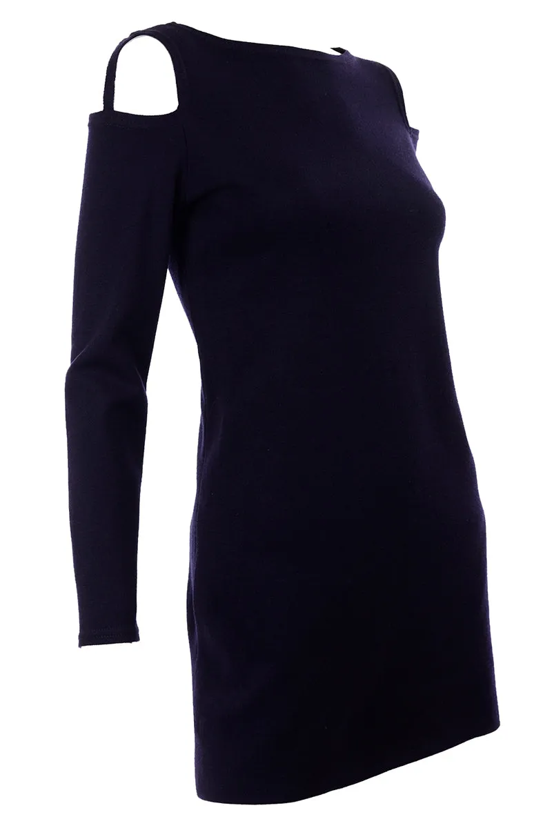 1960s Rudi Gernreich Vintage Mini Dress in Navy Blue Wool w/ Open Shoulders