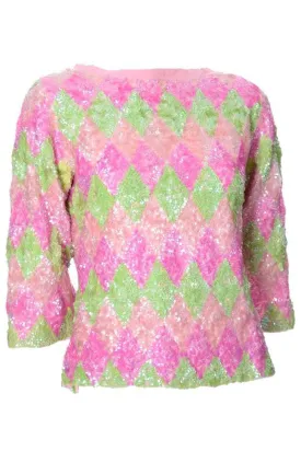 1960s Valentina Pastel Pink and Green Sequin Diamond Sweater Top