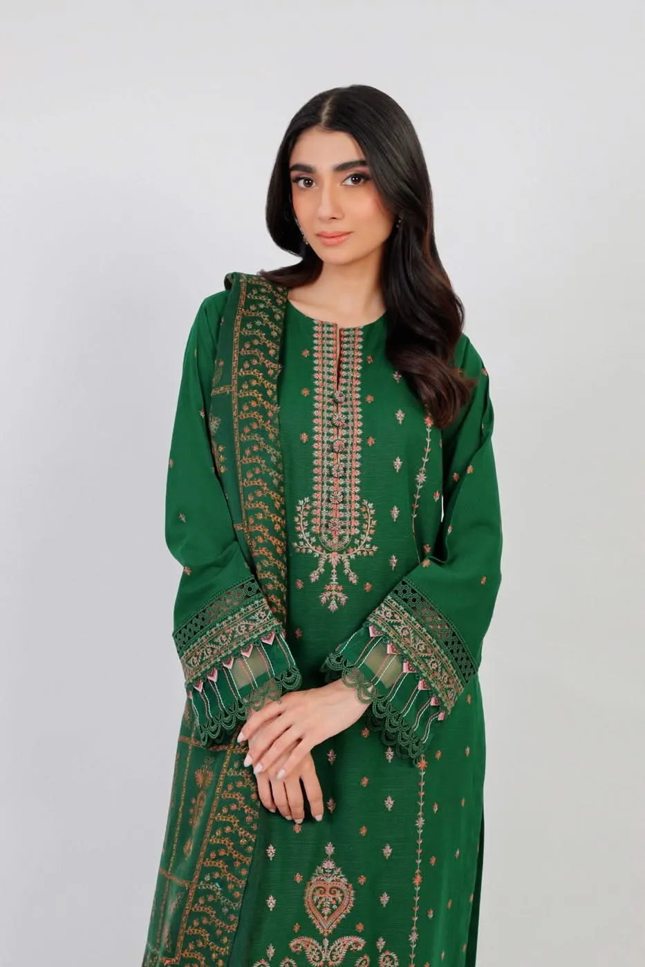 3 Pc Embroidered Khaddar Suit With Shawl