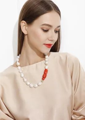 Baroque Freshwater Pearls With Coral Necklace MN031