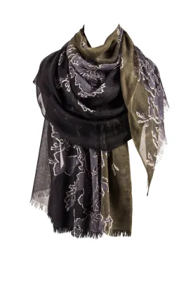 Black & Olive Floral Silk Cashmere Scarf