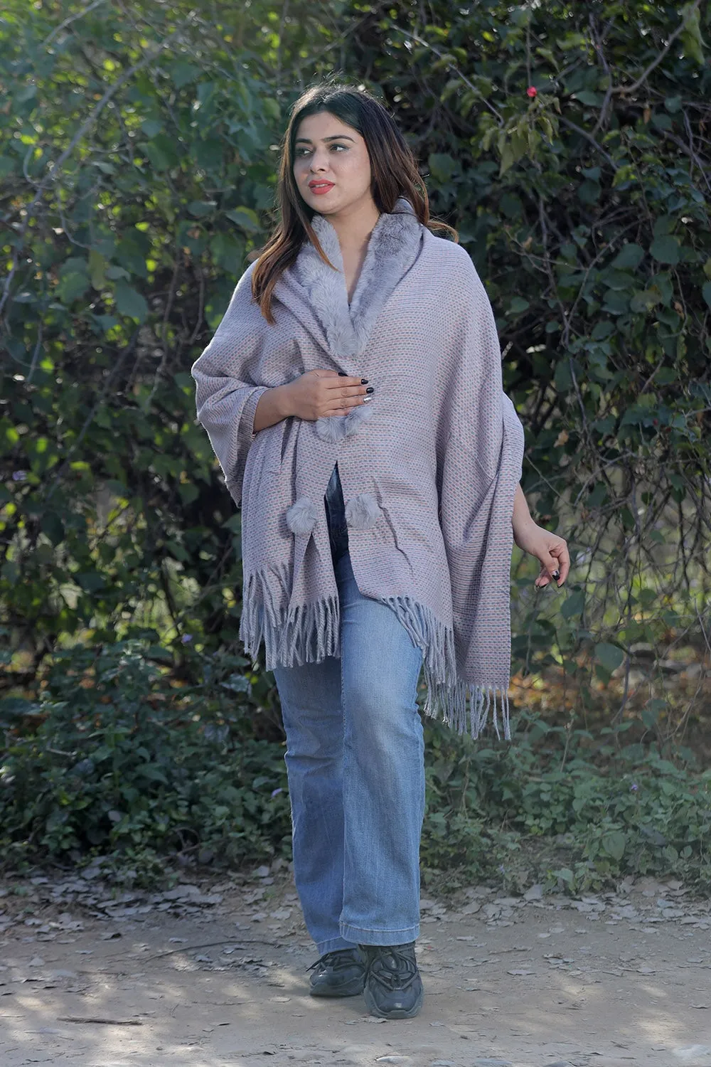 Charismatic Grey Colour Woollen Cashmere Faux Fur Cape Stole.