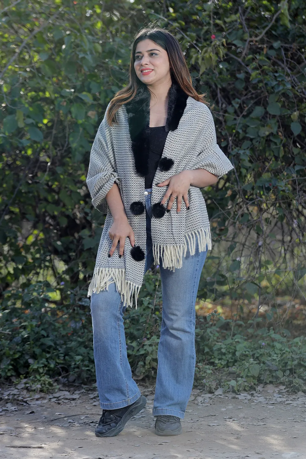 Classy Beige & Black Colour Woollen Cashmere Faux Fur Cape Stole.