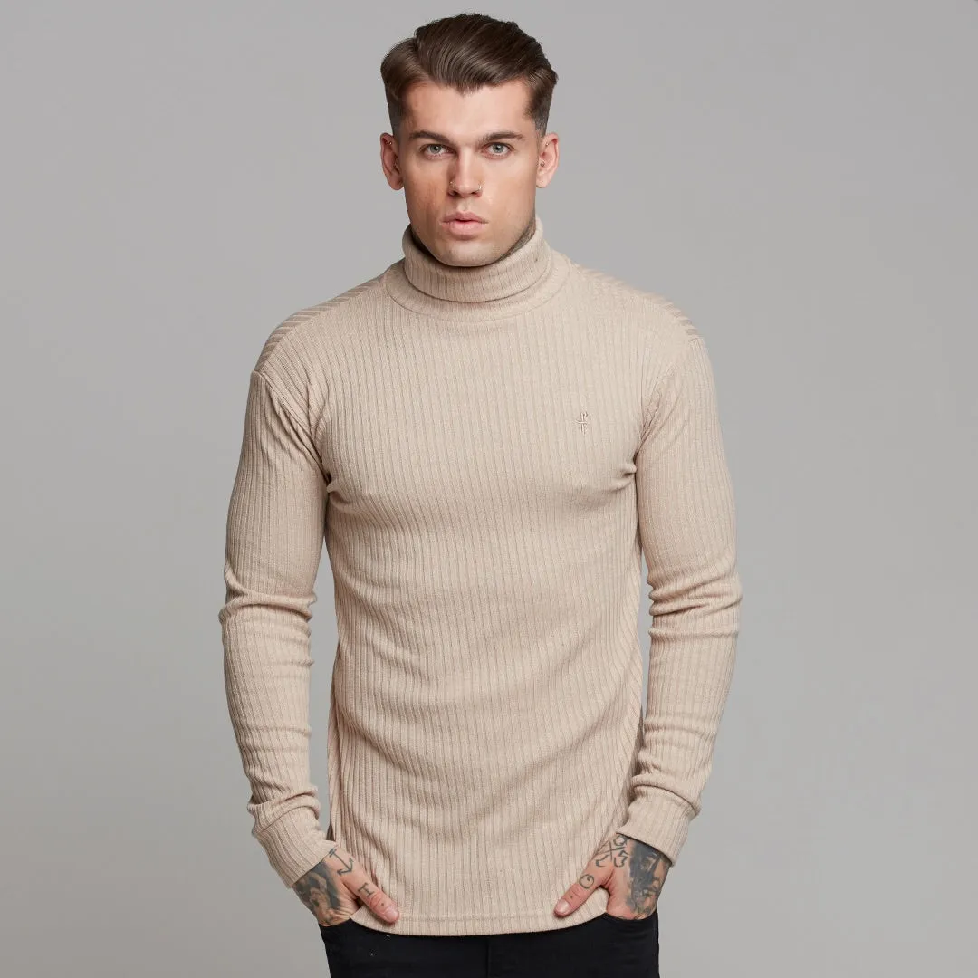 Father Sons Classic Beige Ribbed Knit Roll-neck Sweater - FSH292