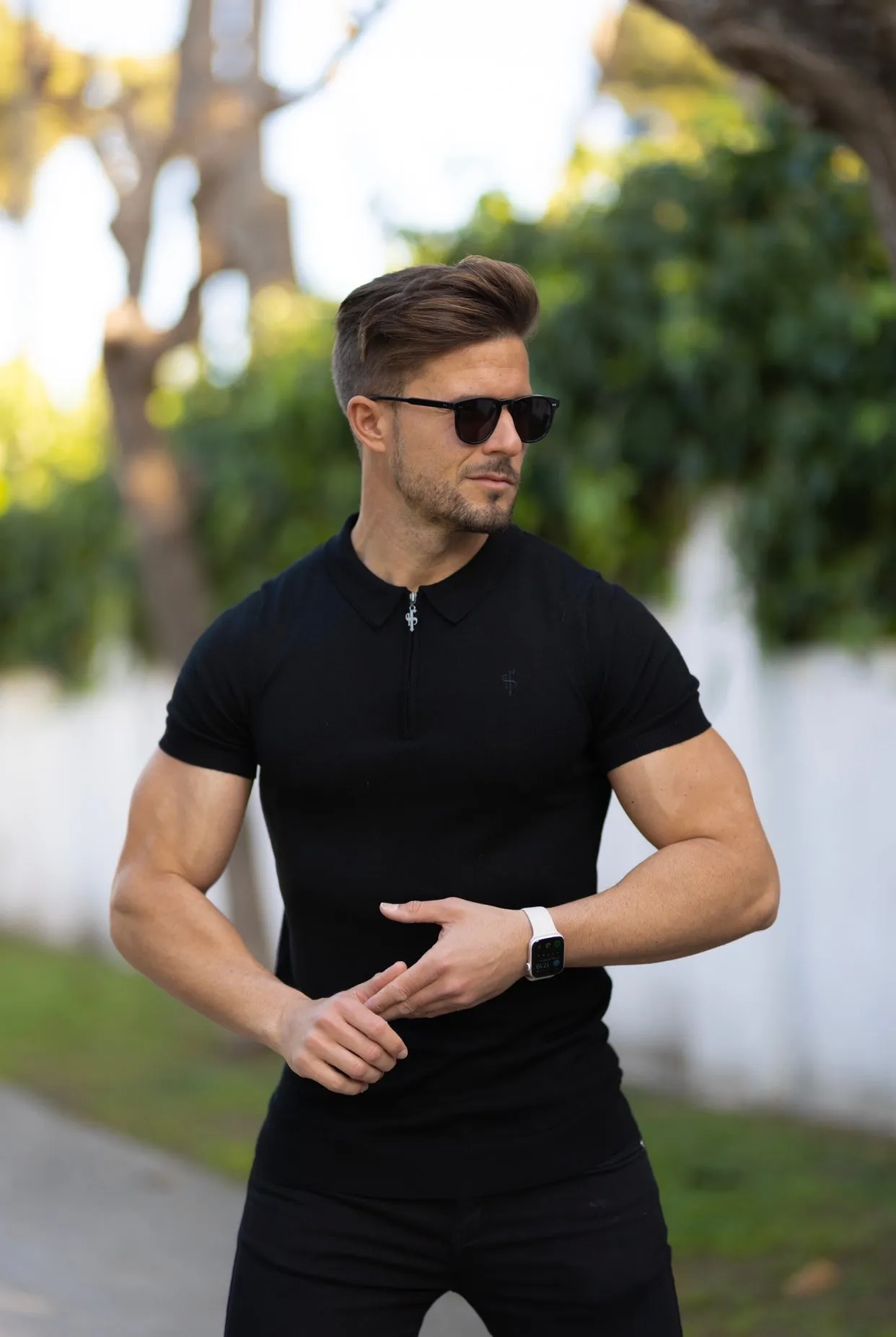 Father Sons Classic Black Merino Wool Knitted Zip Polo Short Sleeve Sweater With FS Embroidery- FSN023