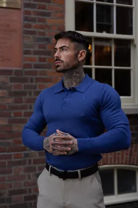 Father Sons Classic Ocean Blue Knitted Polo Sweater Long Sleeve With Tonal FS Embroidery- FSN140