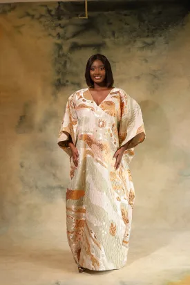 NADIJAH REGAL KAFTAN - BEIGE, CREAM, LIGHT GREEN & COPPERY ORANGE