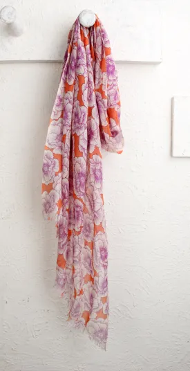 Orange & Pink Floral Silk Cashmere Scarf