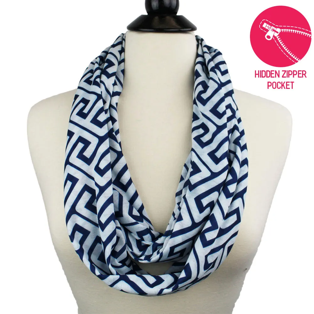 Pop Fashion Women's Infinity Pocket Scarf with Zipper Pocket, Greek Key Scarf Design, Infinity Scarves