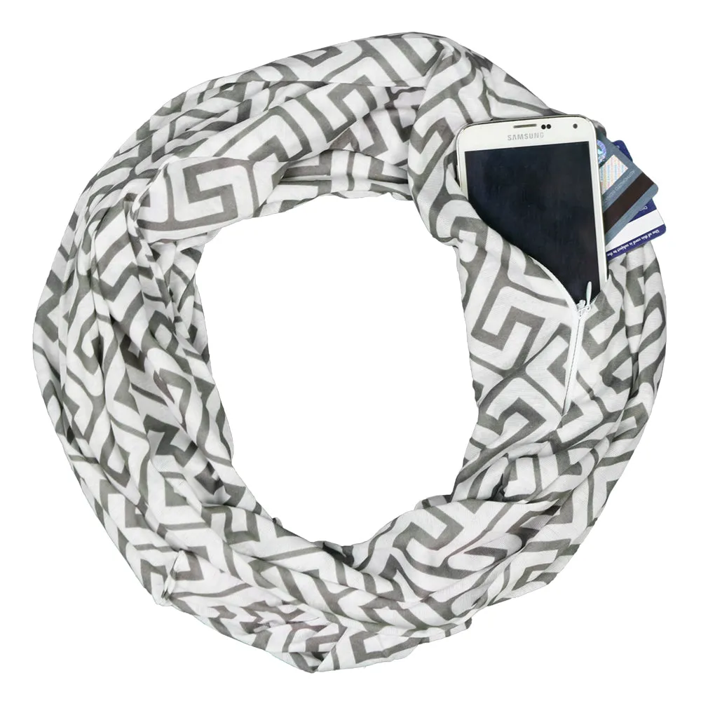 Pop Fashion Women's Infinity Pocket Scarf with Zipper Pocket, Greek Key Scarf Design, Infinity Scarves