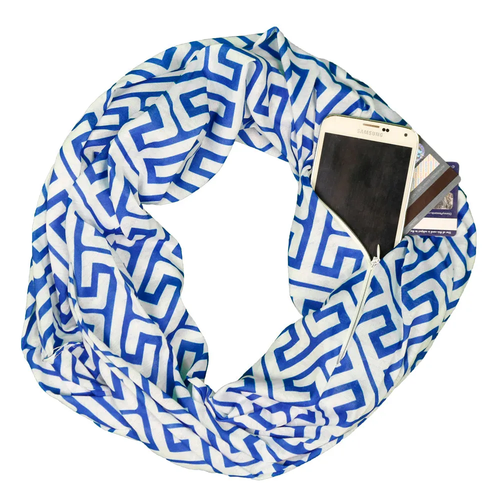 Pop Fashion Women's Infinity Pocket Scarf with Zipper Pocket, Greek Key Scarf Design, Infinity Scarves