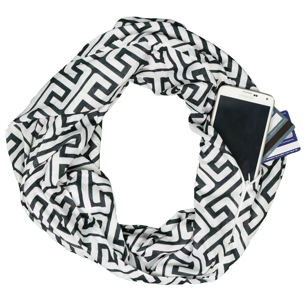 Pop Fashion Women's Infinity Pocket Scarf with Zipper Pocket, Greek Key Scarf Design, Infinity Scarves