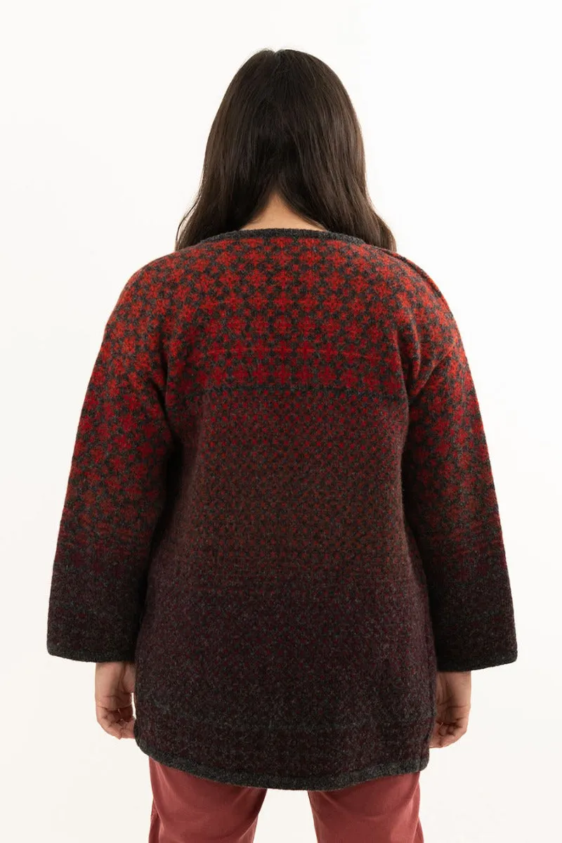 Womens Fair isle Long Kimono Cardigan / Coatigan - Red